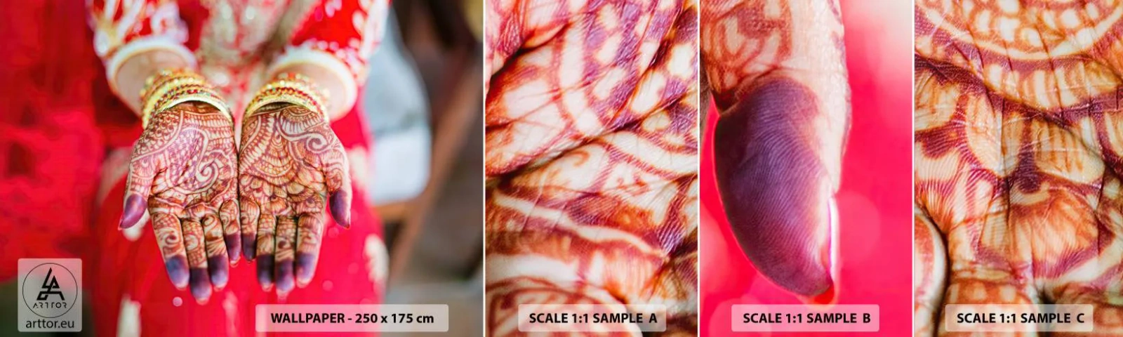 Campione Di Fotomurale Standard Eco - Pronta ad afferrare la fortuna - Le mani delle donne, Disegni orientali, India - 100x30 cm