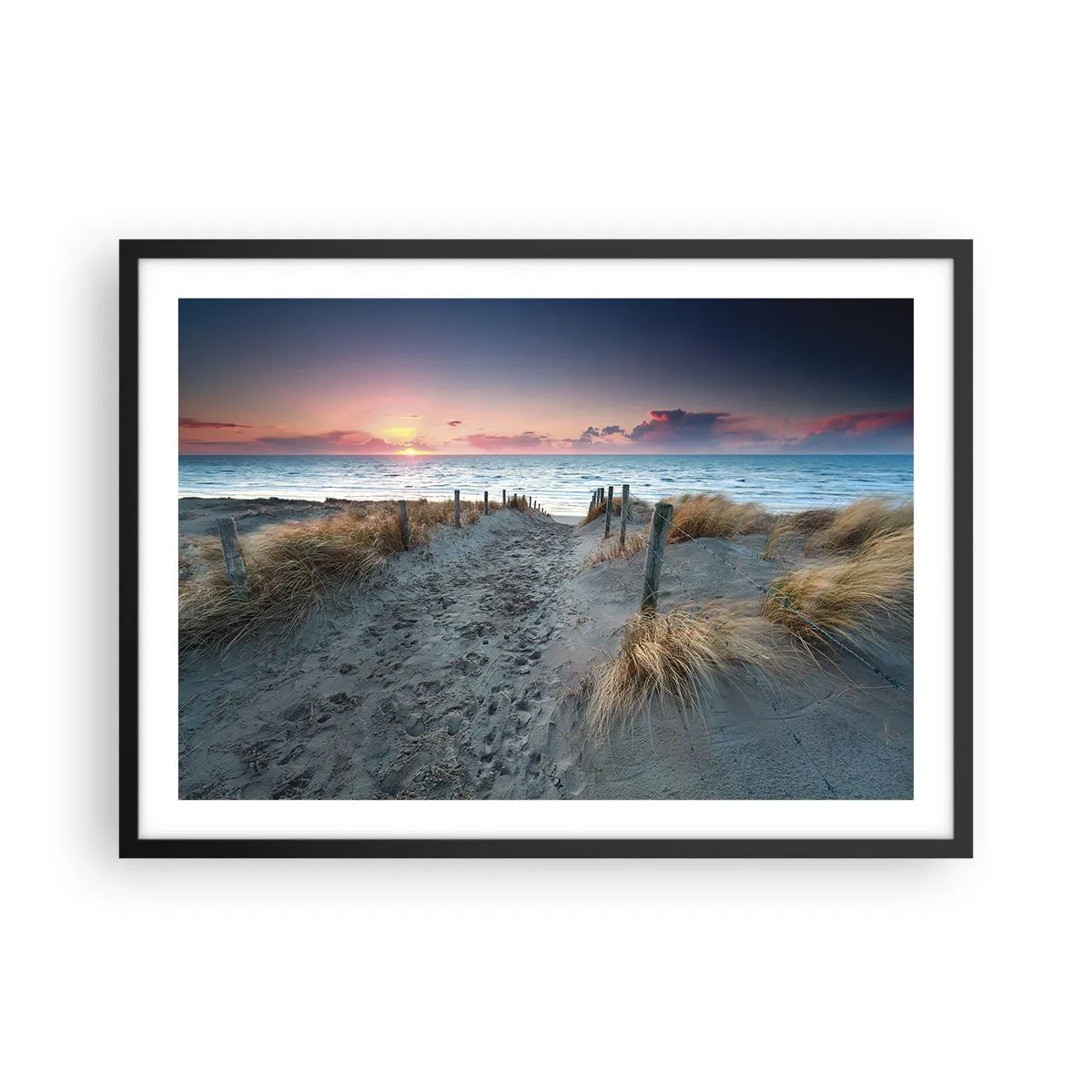 Poster in cornice nera - Sentiero che porta alla spiaggia al tramonto - 70x50cm - Hai versato un arcobaleno di luce radiosa... - Decorazione murale moderna per soggiorno e camera da letto ARTTOR