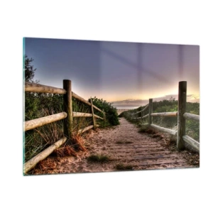 Quadro su vetro - Sentiero per la spiaggia al tramonto - 120x80cm - Già si vede la meta - Decorazione murale moderna per soggiorno e camera da letto ARTTOR