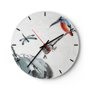 Orologio da parete - Orologio in Vetro - Illustrazione di un martin pescatore e una libellula su uno sfondo paesaggistico stilizzato - 30x30cm - La vita del prato - Decorazione murale moderna per soggiorno, cucina e camera da letto ARTTOR