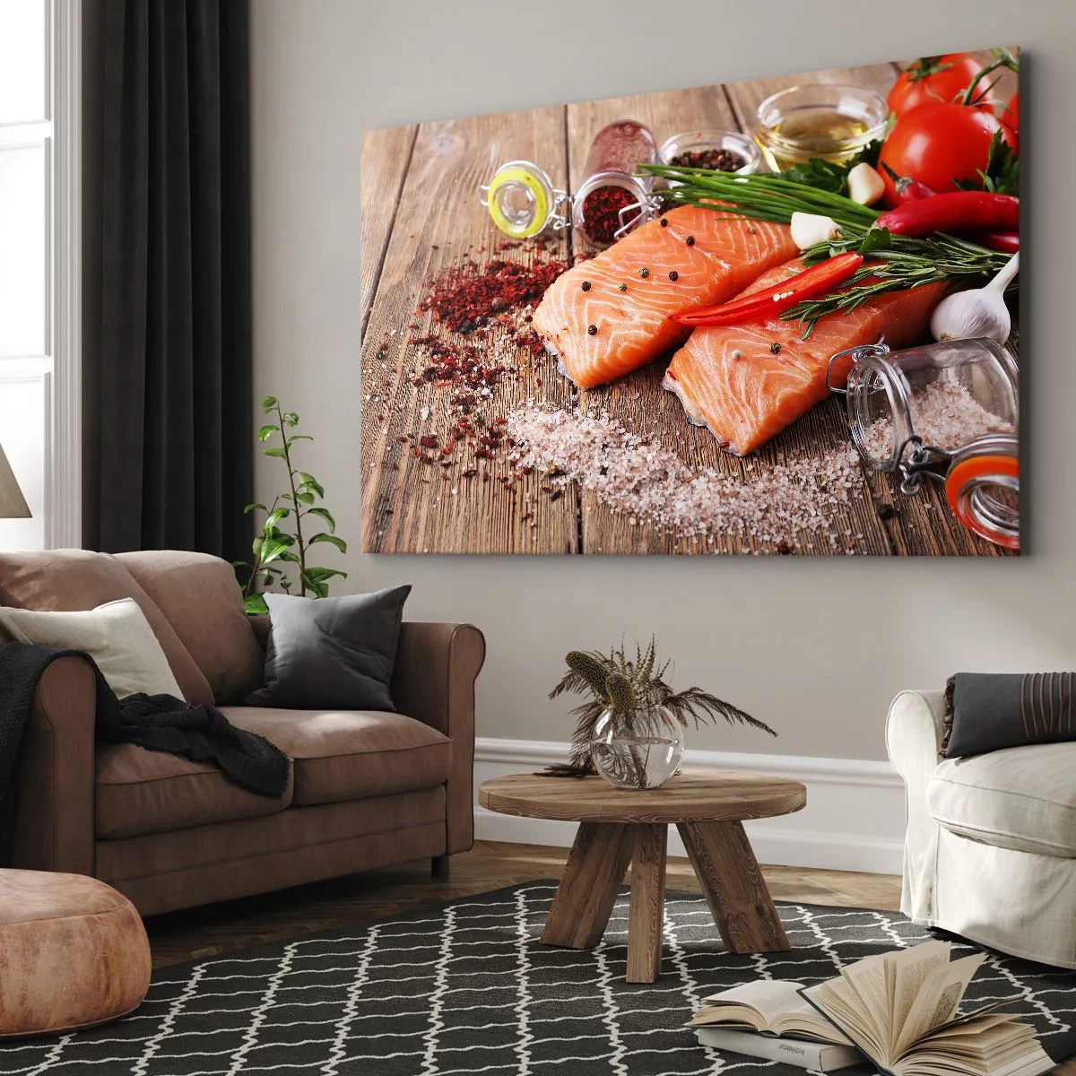 Quadro su tela - Stampe su Tela - Filetti di salmone con spezie su fondo di legno - 120x80cm - Avventura norvegese in cucina - Decorazione murale moderna per soggiorno e camera da letto ARTTOR