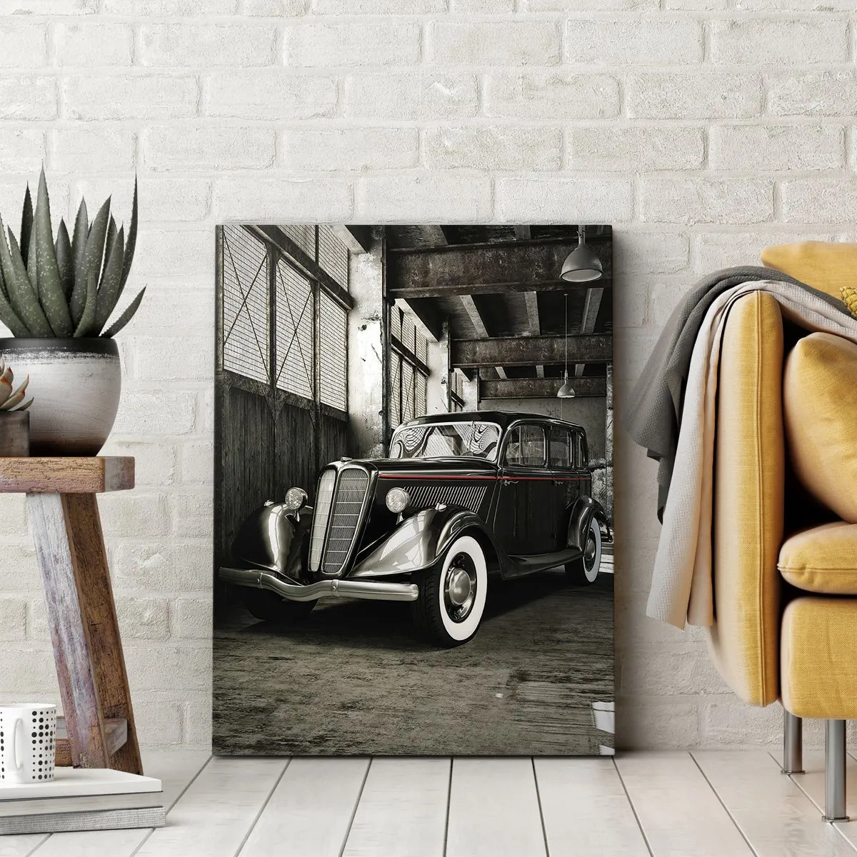 Quadro su tela - Stampe su Tela - Elegante auto retrò in un magazzino grezzo - 50x70cm - L'eleganza eterna degli anni '30 - Decorazione murale moderna per soggiorno e camera da letto ARTTOR