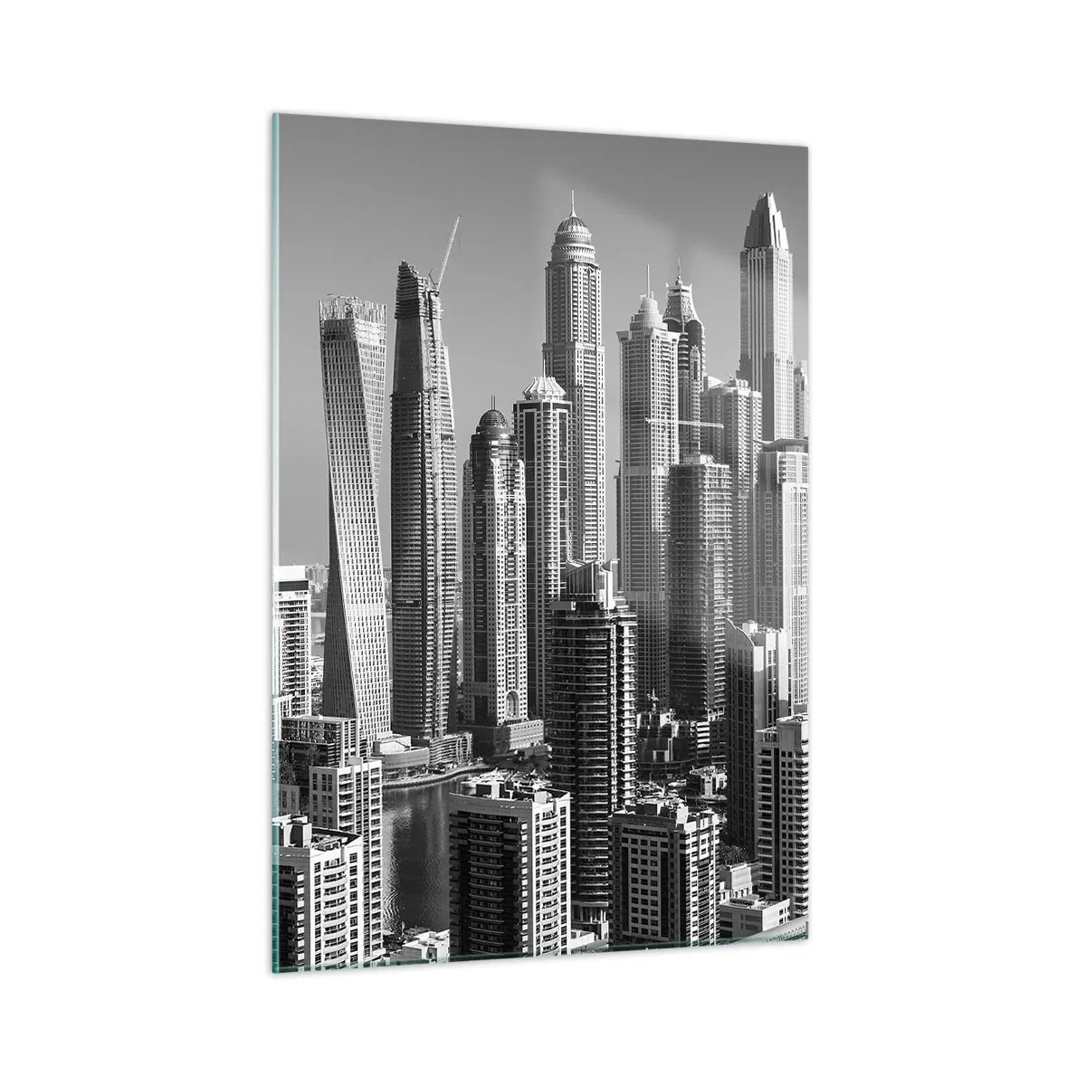 Quadro su vetro - Panorama in bianco e nero dei grattacieli della città - 50x70cm - La città sul deserto - Decorazione murale moderna per soggiorno e camera da letto ARTTOR