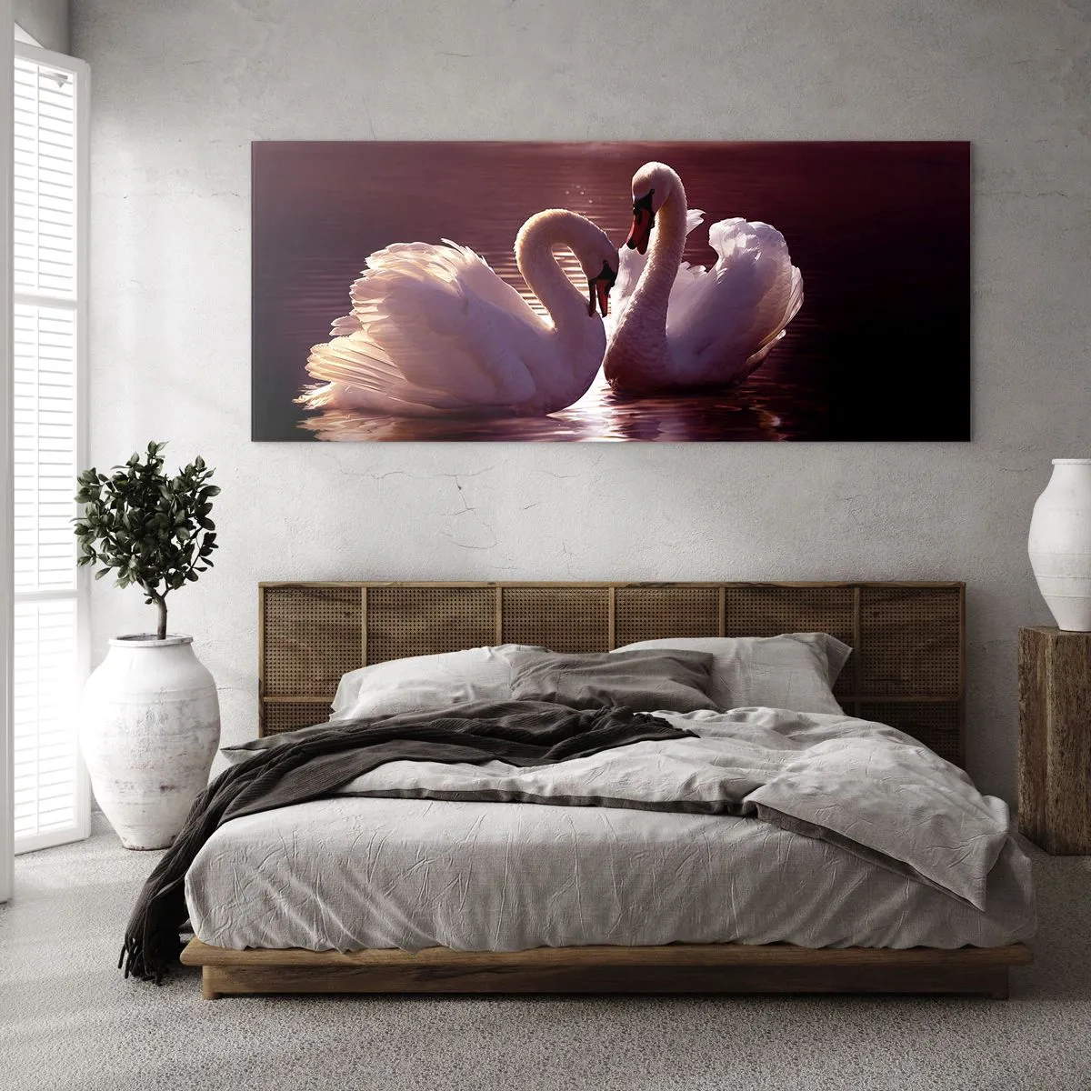 Quadro su vetro - Due cigni su un lago calmo al tramonto - 120x50cm - Finché la morte non ci separi - Decorazione murale moderna per soggiorno e camera da letto ARTTOR