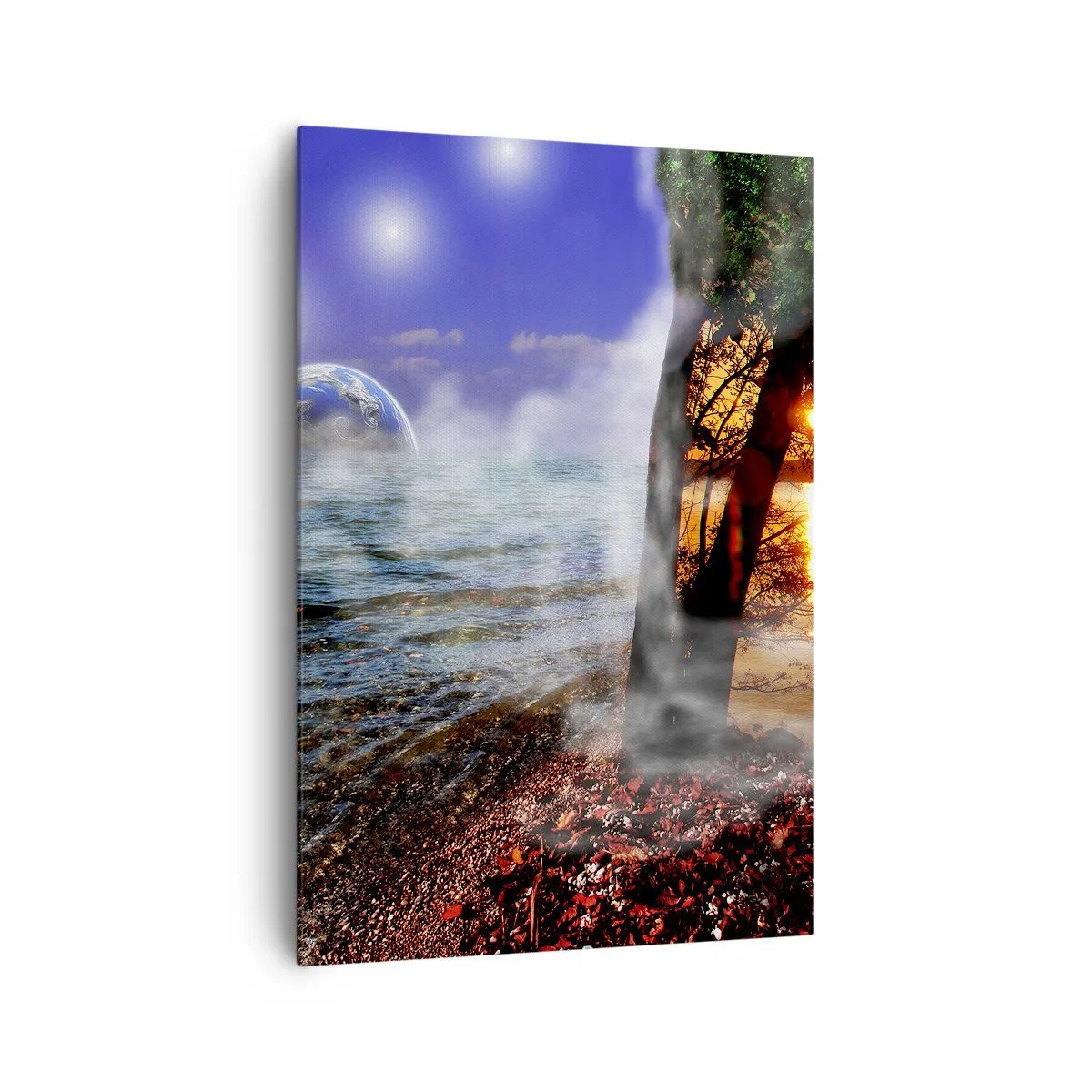 Quadro su tela - Stampe su Tela - Paesaggio fantastico con mare, alberi e tramonto. - 70x100cm - Paesaggio surreale: unità della natura - Decorazione murale moderna per soggiorno e camera da letto ARTTOR