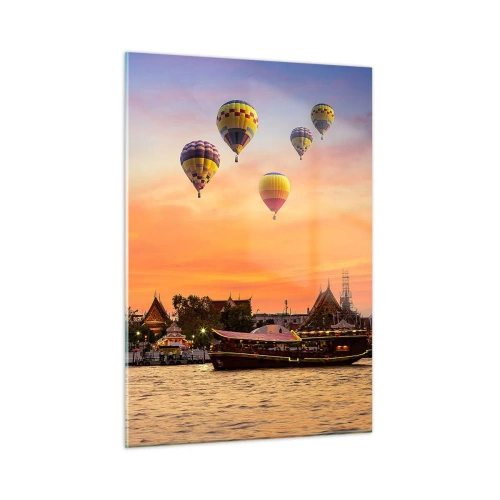 Quadro su vetro - Tempio sul fiume al tramonto con palloncini - 50x70cm - Qui nascono le favole - Decorazione murale moderna per soggiorno e camera da letto ARTTOR
