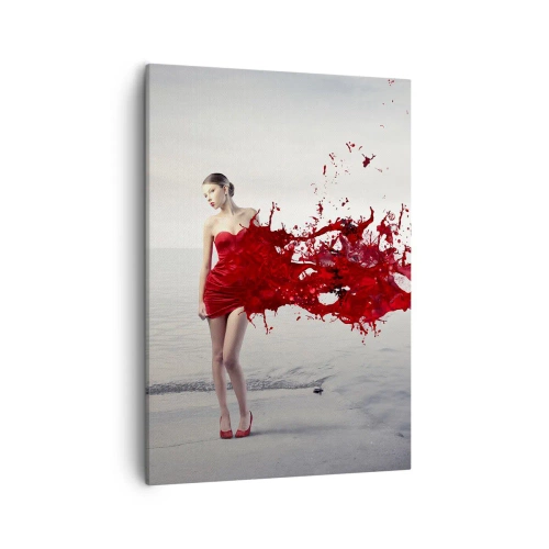 Quadro su tela - Stampe su Tela - Una donna in abito rosso in una composizione artistica in riva all'acqua - 50x70cm - Appassionata come lo scarlatto - Decorazione murale moderna per soggiorno e camera da letto ARTTOR