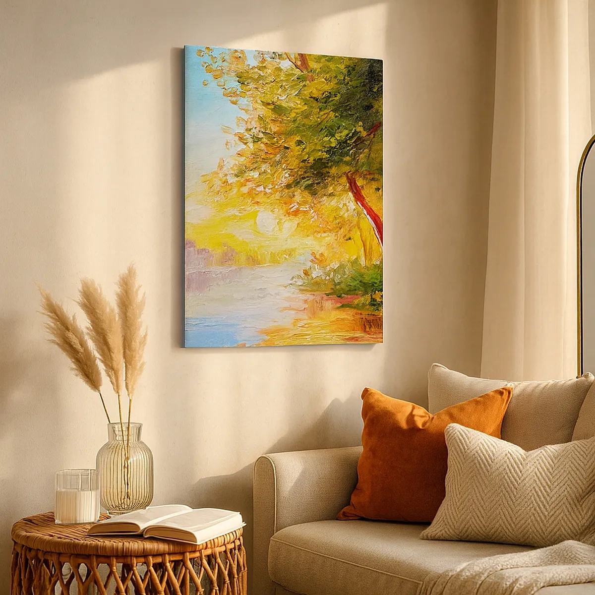 Quadro su tela - Stampe su Tela - Un paesaggio pittoresco con un fiume e alberi al tramonto - 50x70cm - Et in Arcadia ego - Decorazione murale moderna per soggiorno e camera da letto ARTTOR