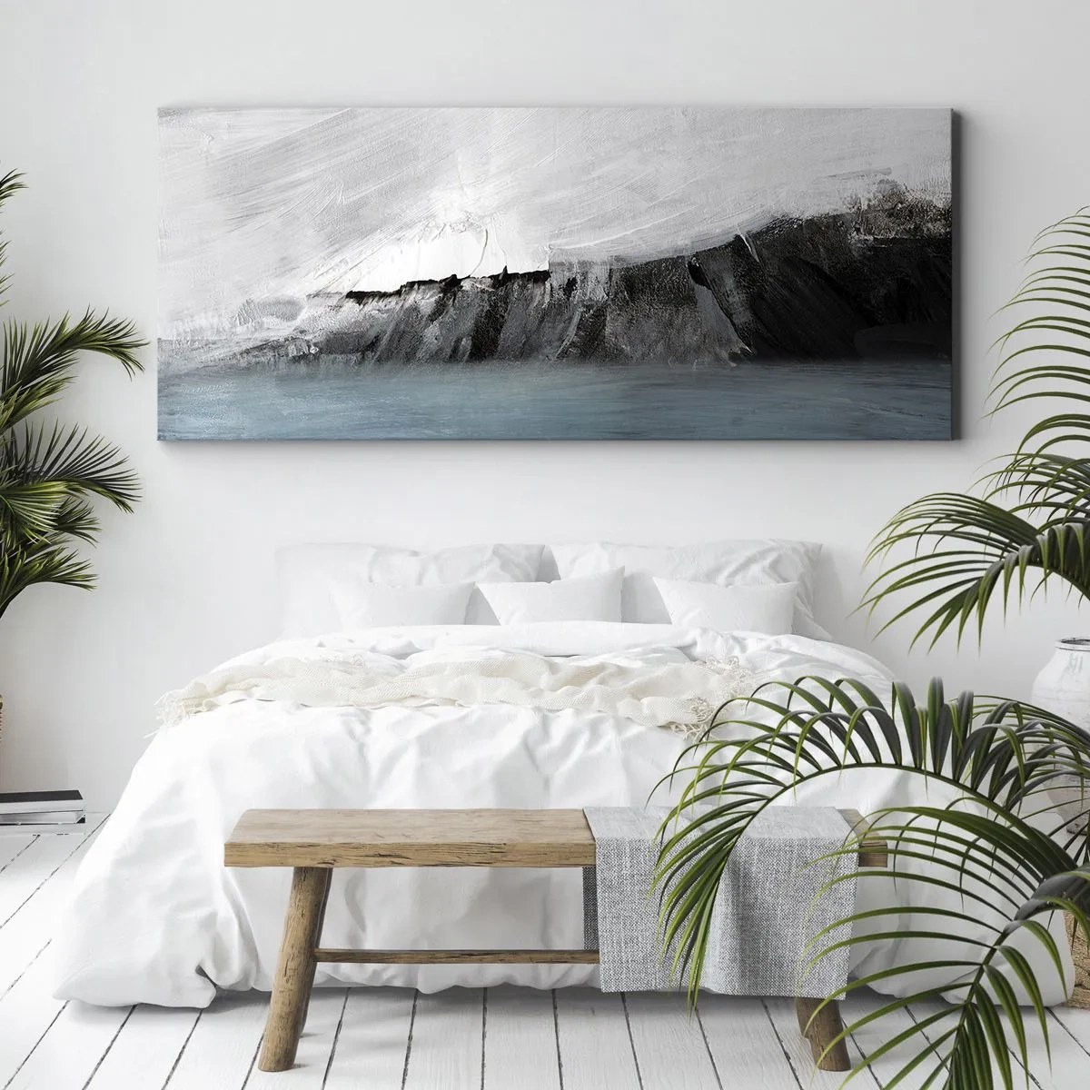 Quadro su tela - Stampe su Tela - Paesaggio astratto con acqua e una costa rocciosa - 160x50cm - Acqua-terra: lo scontro degli elementi - Decorazione murale moderna per soggiorno e camera da letto ARTTOR