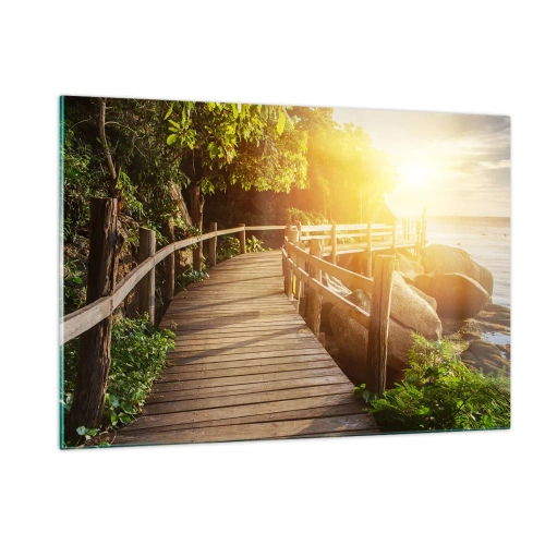 Quadro su vetro - Un sentiero in legno tra gli alberi in riva al mare alla luce del tramonto - 120x80cm - Altra curva, altre meraviglie - Decorazione murale moderna per soggiorno e camera da letto ARTTOR