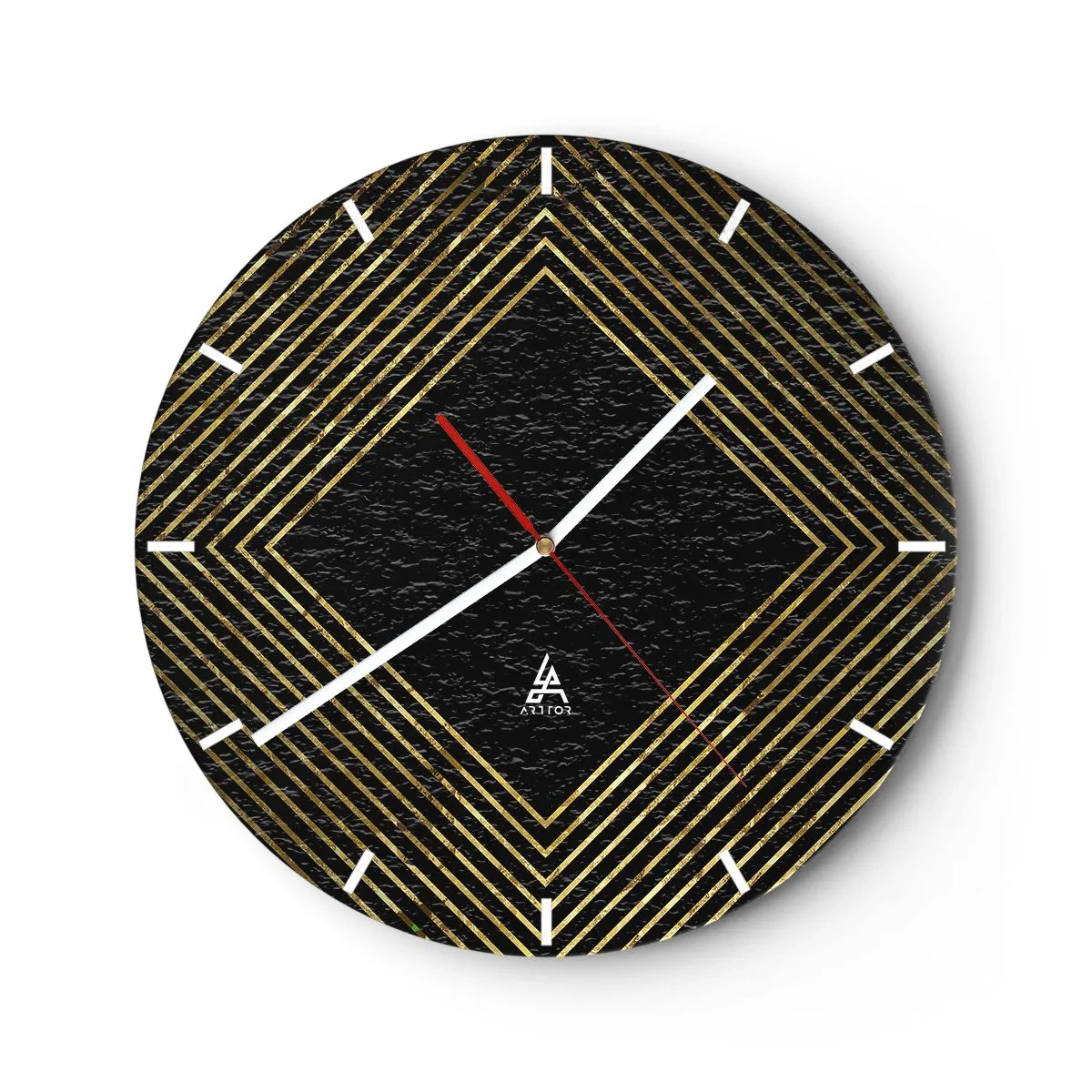 Orologio da parete - Orologio in Vetro - Linee dorate che formano un rombo su uno sfondo nero - 30x30cm - Geometria in stile glamour - Decorazione murale moderna per soggiorno, cucina e camera da letto ARTTOR