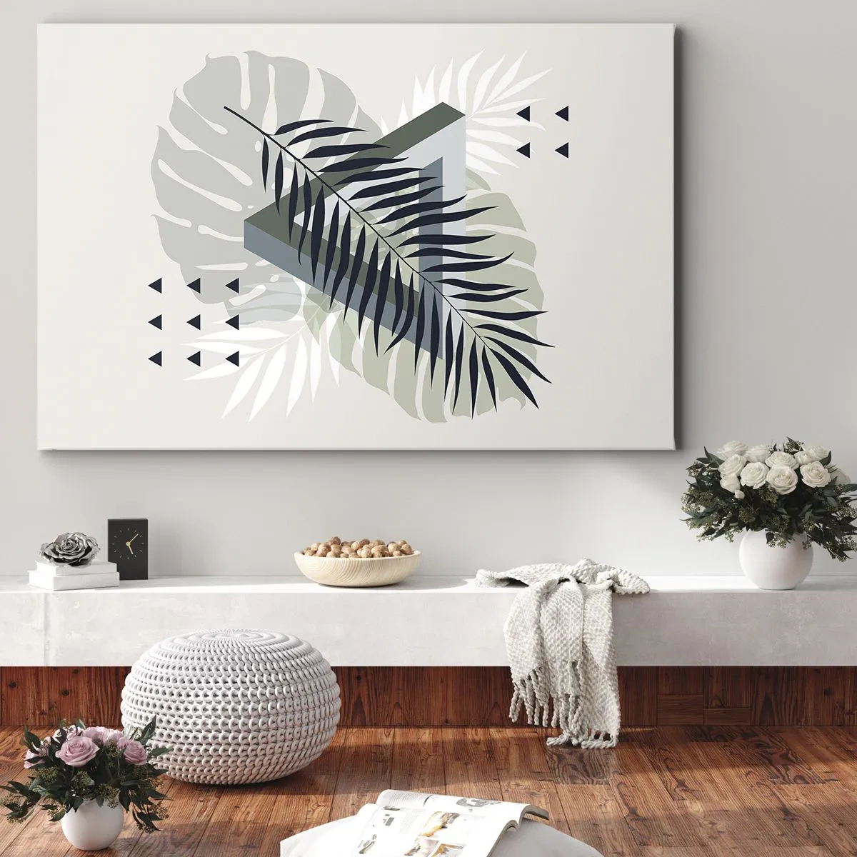 Quadro su tela - Stampe su Tela - Composizione geometrica con foglie tropicali nei toni del verde - 120x80cm - Natura e geometria: due ordini? - Decorazione murale moderna per soggiorno e camera da letto ARTTOR