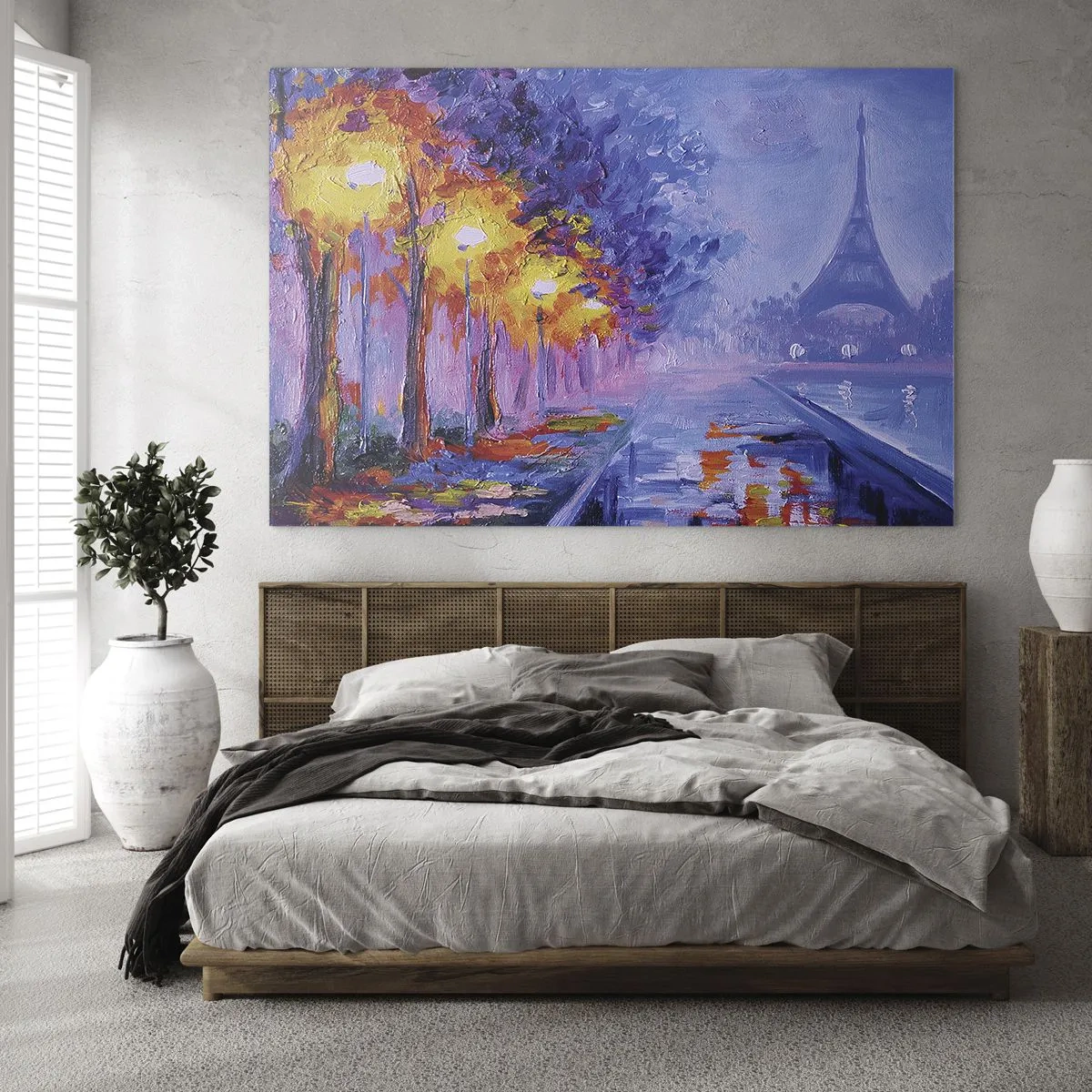 Quadro su vetro - Passeggiata serale a Parigi con la Torre Eiffel - 70x50cm - Passeggiata da sogno - Decorazione murale moderna per soggiorno e camera da letto ARTTOR
