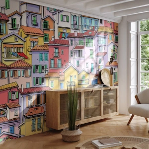 Fotomurali Premium Sand - Case popolari colorate in stile cartone animato e fiabesco - 100x70cm - Città allegra - Decorazione murale moderna per soggiorno e camera da letto ARTTOR