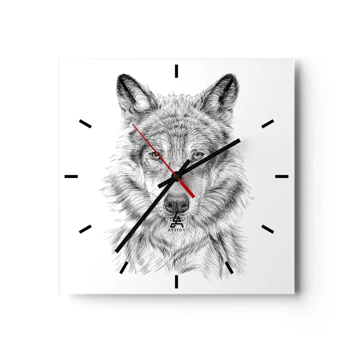 Orologio da parete - Orologio in Vetro - Schizzo di una testa di lupo in stile monocromatico su sfondo bianco - 30x30cm - Condottiero nato - Decorazione murale moderna per soggiorno e camera da letto ARTTOR