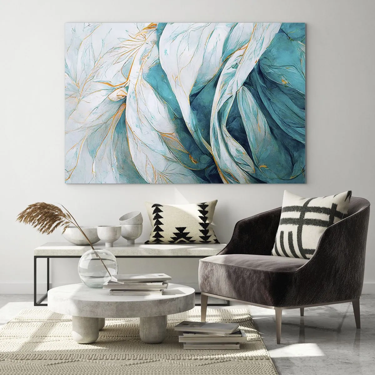 Quadro su vetro - Astrazione organica in linee blu e oro - 70x50cm - Astrazione blu con motivi d'oro - Decorazione murale moderna per soggiorno e camera da letto ARTTOR