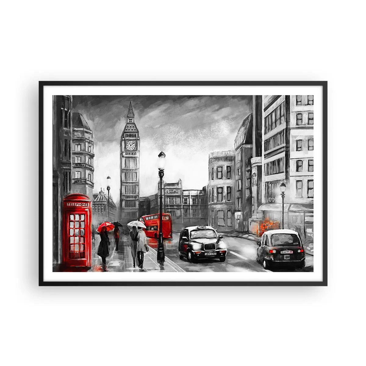 Poster in cornice nera - Una scena di Londra in bianco e nero con accenti rossi - 100x70cm - Una città per niente grigia - Decorazione murale moderna per soggiorno e camera da letto ARTTOR