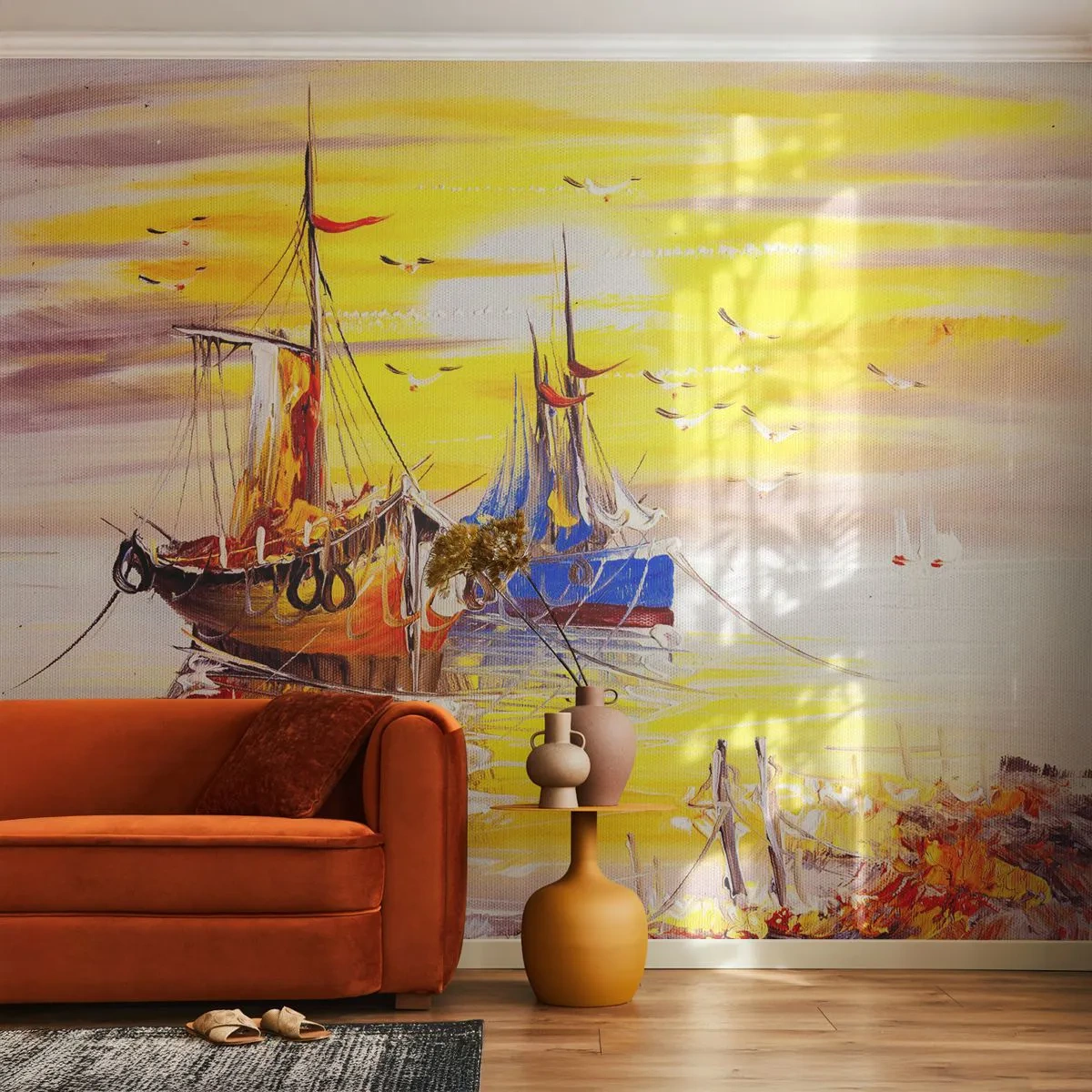 Fotomurali Premium Canvas - Meritato riposo nel porto - Peschereccio, Pesca, Uccelli - 250x175 cm