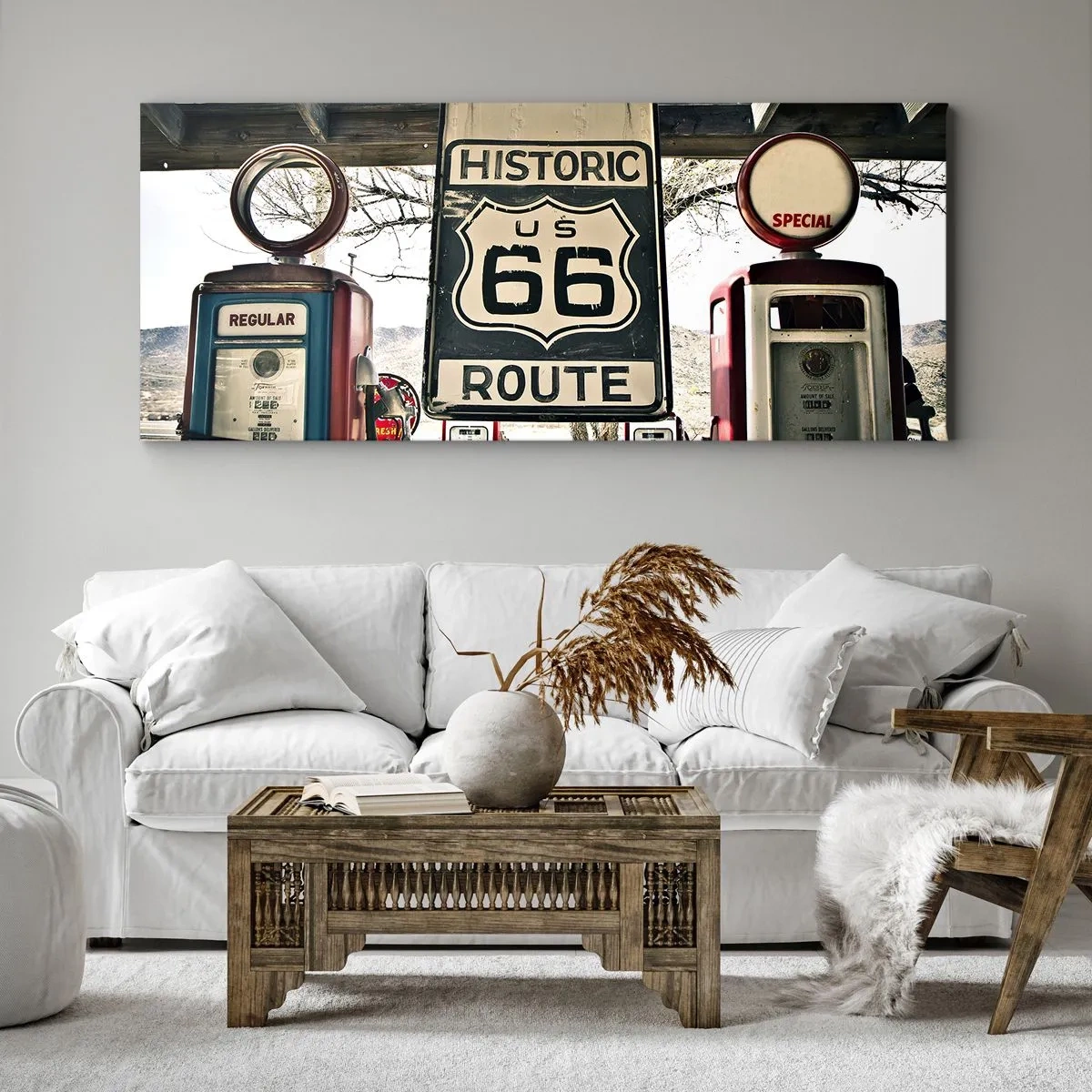 Quadro su tela - Stampe su Tela - Stazione di servizio storica della Route 66 - 140x50cm - Viaggio retro americano - Decorazione murale moderna per soggiorno e camera da letto ARTTOR