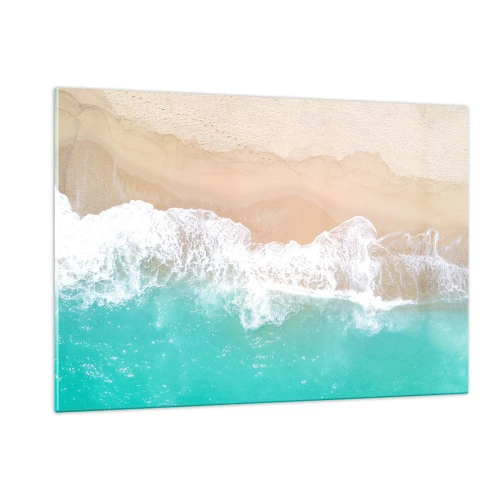Quadro su vetro - Vista aerea della spiaggia con acqua turchese e onde bianche - 120x80cm - Un tocco carezzevole - Decorazione murale moderna per soggiorno e camera da letto ARTTOR