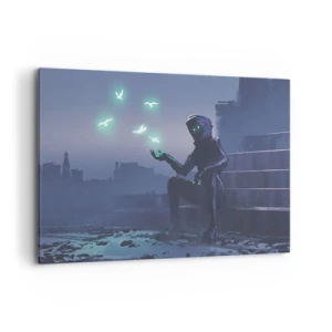 Quadro su tela - Stampe su Tela - Una figura incappucciata con uccelli magici sullo sfondo di una città - 120x80cm - La vita ritorna - Decorazione murale moderna per soggiorno e camera da letto ARTTOR