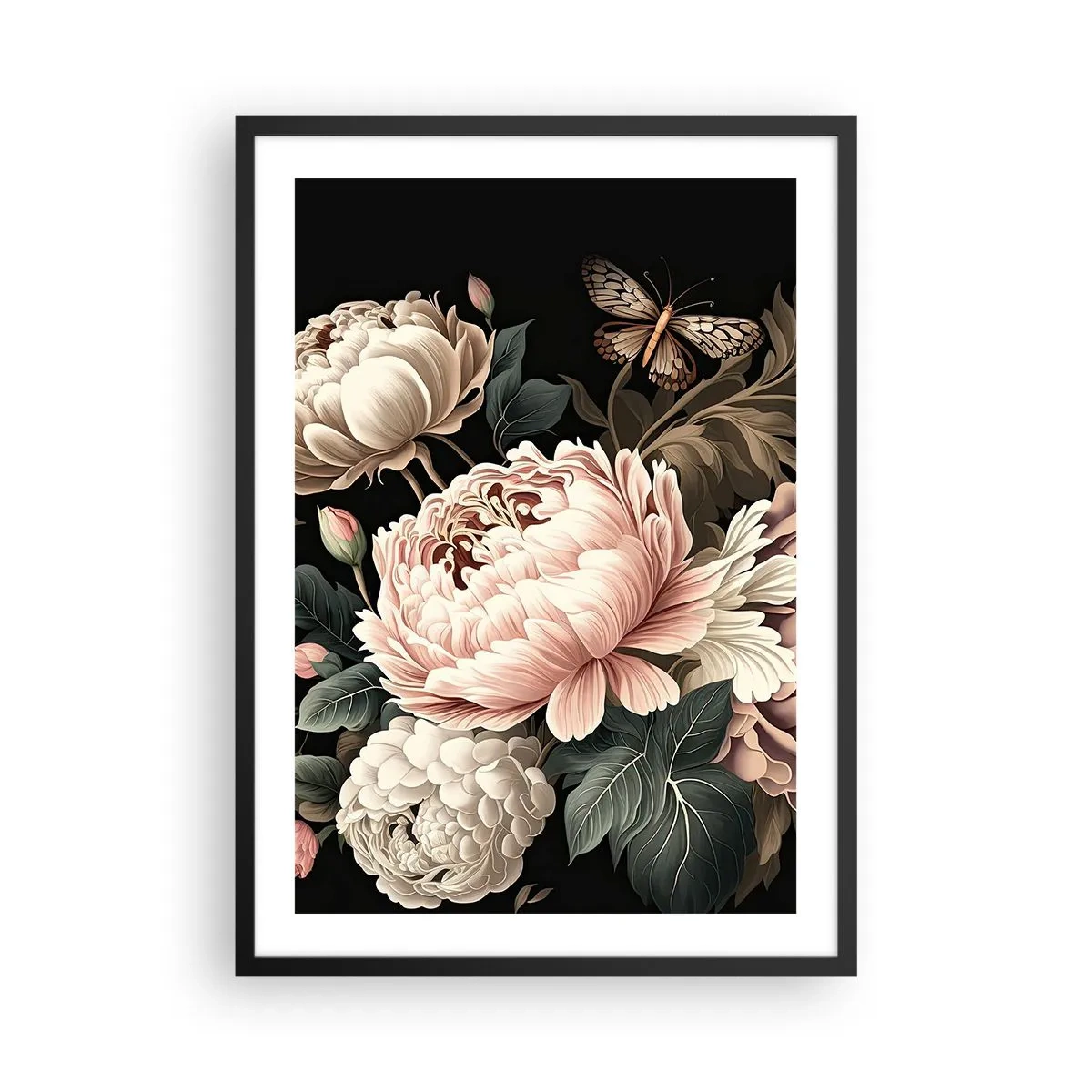 Poster in cornice nera - Eleganti peonie e una farfalla su sfondo nero - 50x70cm - In stile barocco - Decorazione murale moderna per soggiorno e camera da letto ARTTOR