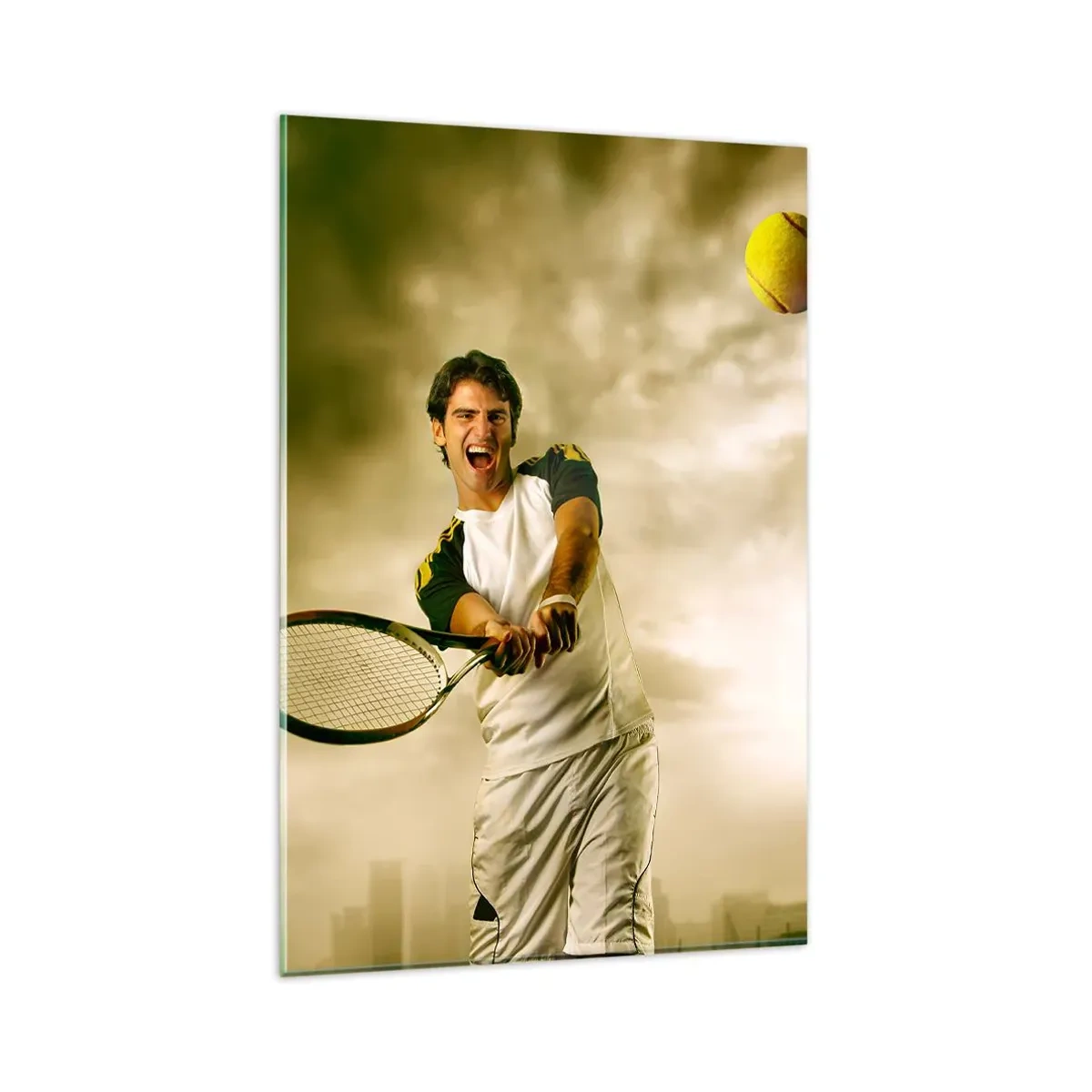 Quadro su vetro - Giocatore di tennis in azione durante una partita sullo sfondo di un paesaggio urbano - 80x120cm - Energia e gioia - Decorazione murale moderna per soggiorno e camera da letto ARTTOR