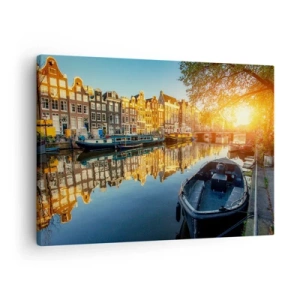 Quadro su tela - Stampe su Tela - Canale di Amsterdam al tramonto - 70x50cm - L'alba ad Amsterdam - Decorazione murale moderna per soggiorno e camera da letto ARTTOR