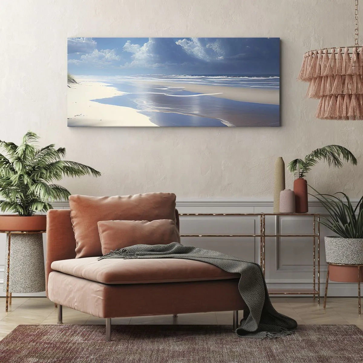 Quadro su tela - Stampe su Tela - Una spiaggia sabbiosa con onde sotto un cielo azzurro - 120x50cm - Vacanze in paradiso - Decorazione murale moderna per soggiorno e camera da letto ARTTOR