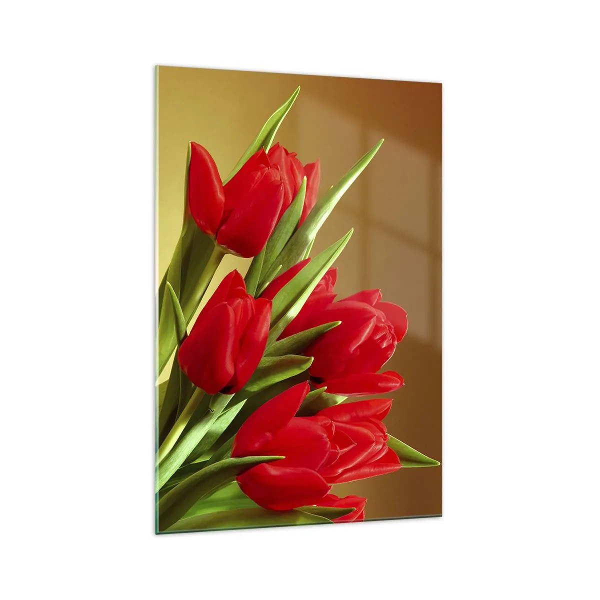 Quadro su vetro - Un bouquet di tulipani rossi su uno sfondo dorato con foglie verdi. - 70x100cm - Un mazzo di gioia primaverile - Decorazione murale moderna per soggiorno e camera da letto ARTTOR
