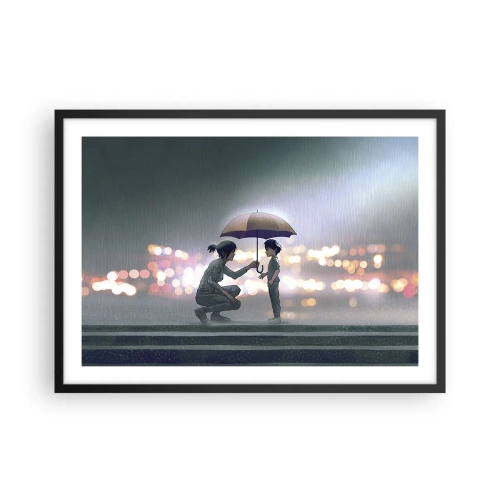 Poster in cornice nera - Una figura con un ombrello che protegge un bambino sullo sfondo delle luci notturne. - 70x50cm - E già tutto va bene - Decorazione murale moderna per soggiorno e camera da letto ARTTOR