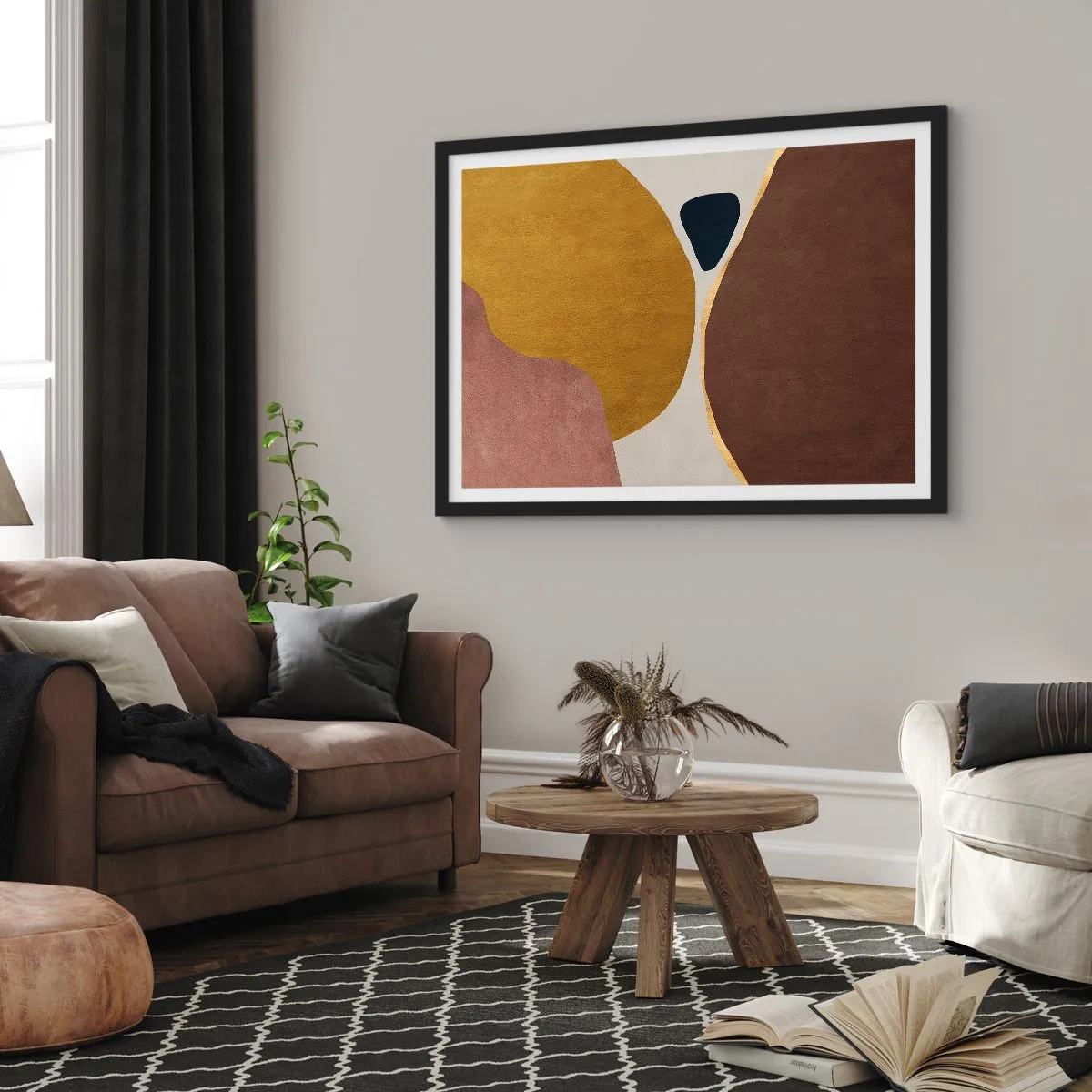 Poster in cornice nera - Una composizione astratta con forme geometriche dai colori caldi. - 100x70cm - Astrazione: un luogo nello spazio - Decorazione murale moderna per soggiorno e camera da letto ARTTOR