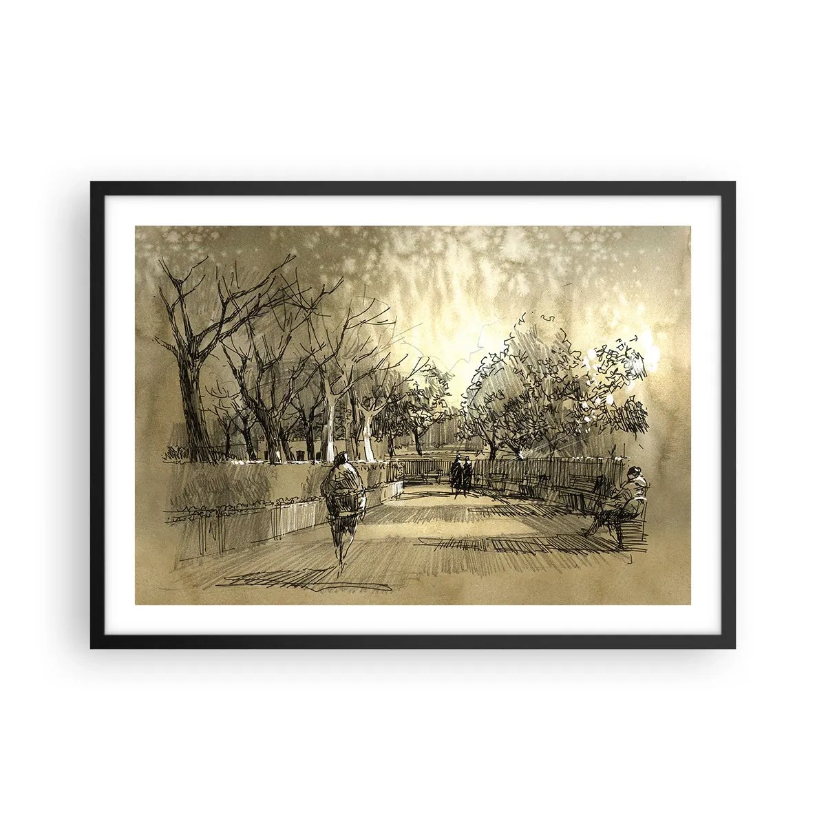 Poster in cornice nera - Una scena di cartone animato di un parco con persone che camminano in toni caldi. - 70x50cm - Attimo fermato con la penna - Decorazione murale moderna per soggiorno e camera da letto ARTTOR