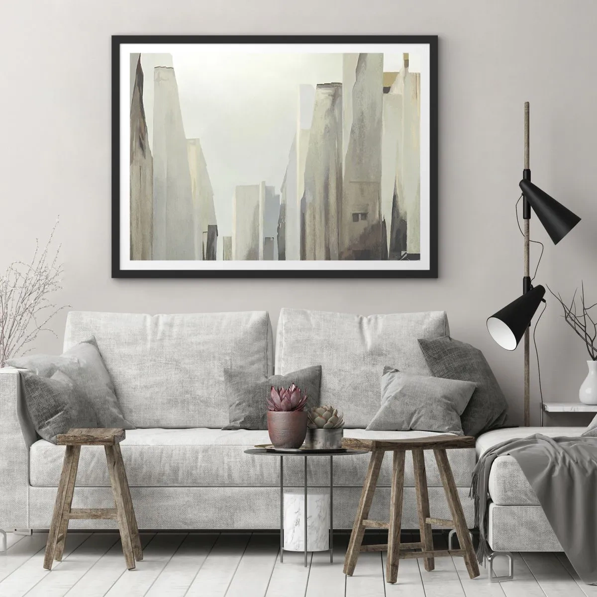 Poster in cornice nera - Paesaggio urbano astratto in tonalità pastello - 70x50cm - Sogno sulla città - Decorazione murale moderna per soggiorno e camera da letto ARTTOR
