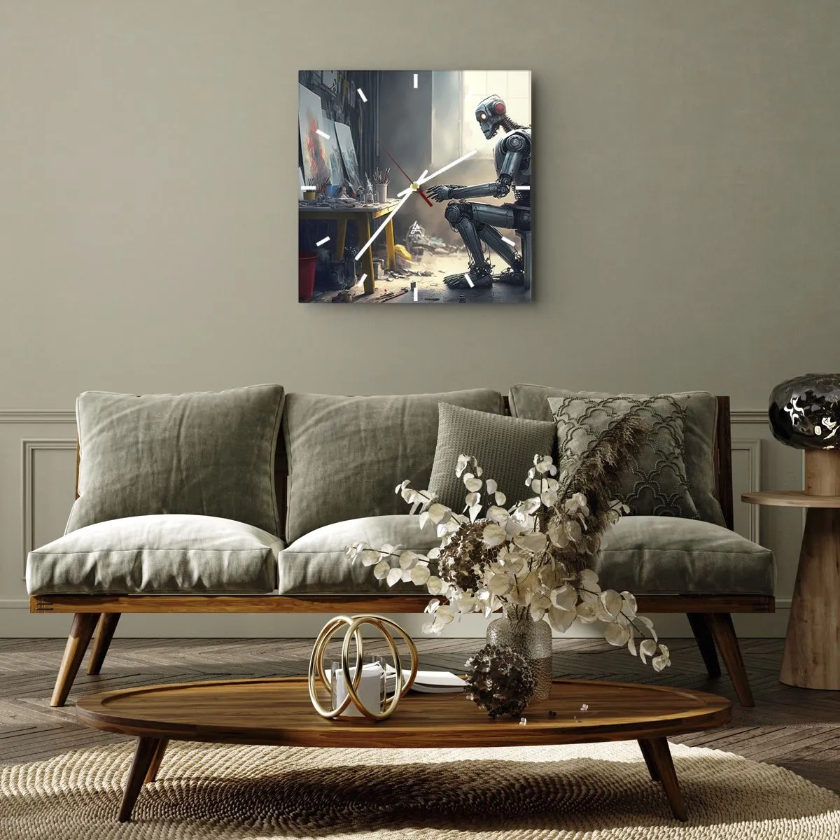 Orologio da parete - Orologio in Vetro - Un robot che dipinge un quadro in uno studio d'arte - 30x30cm - Atto creativo - Decorazione murale moderna per soggiorno e camera da letto ARTTOR