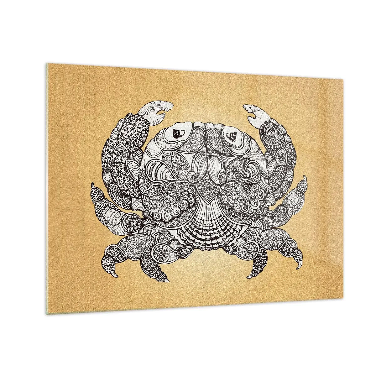 Quadro su vetro - Disegno stilizzato di un granchio con ornamenti su sfondo giallo - 70x50cm - I racconti del granchio - Decorazione murale moderna per soggiorno e camera da letto ARTTOR