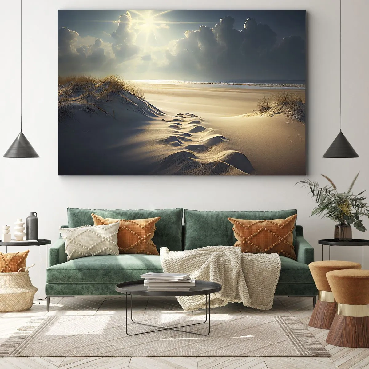 Quadro su tela - Stampe su Tela - Dune dorate sulla spiaggia al tramonto con vista sul mare - 70x50cm - Paesaggio rilassante - Decorazione murale moderna per soggiorno e camera da letto ARTTOR