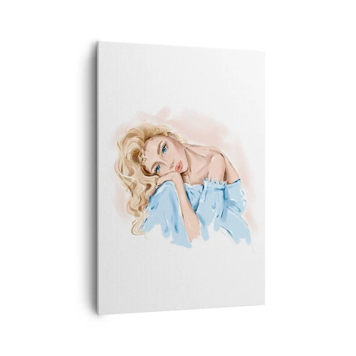 Quadro su tela - Stampe su Tela - Ritratto di una donna in abito blu con capelli biondi - 70x100cm - Sognante nel blu - Decorazione murale moderna per soggiorno e camera da letto ARTTOR