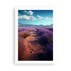Poster - Un campo di lavanda al tramonto con un paesaggio montano sullo sfondo - 50x70cm - Campi profumati - Decorazione murale moderna per soggiorno e camera da letto ARTTOR