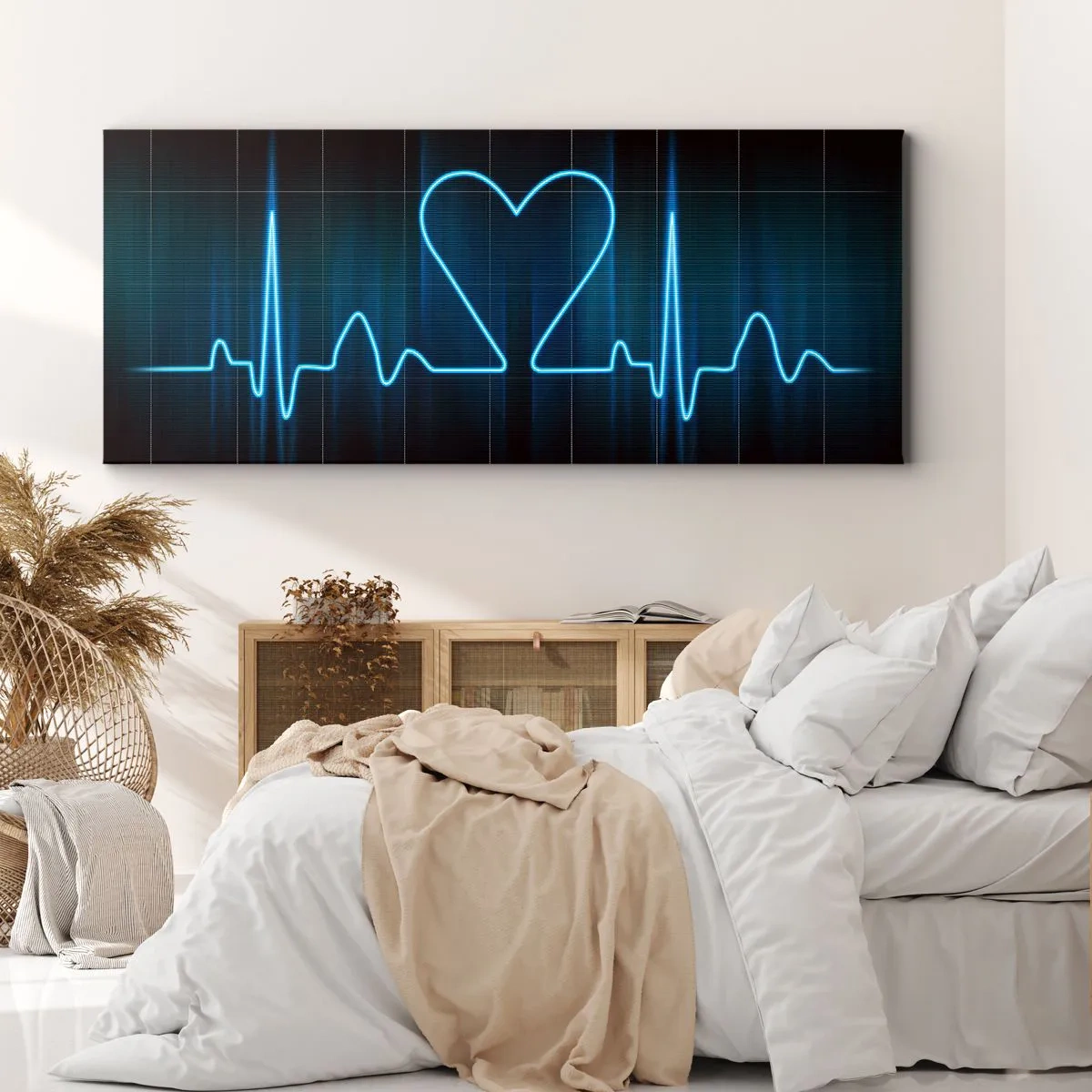 Quadro su tela - Stampe su Tela - Un'ancora di salvezza con un cuore su uno sfondo di monitoraggio medico nei toni del blu. - 160x50cm - Al ritmo del cuore - Decorazione murale moderna per soggiorno e camera da letto ARTTOR