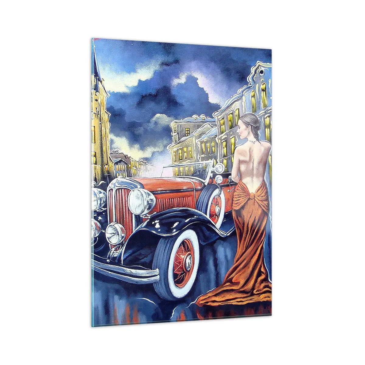 Quadro su vetro - Una donna in un abito elegante accanto a un'auto d'epoca - 50x70cm - Notturno in blu e coralli - Decorazione murale moderna per soggiorno e camera da letto ARTTOR