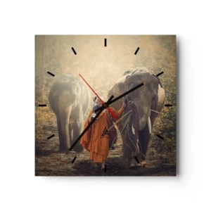 Orologio da parete - Orologio in Vetro - Un monaco con una tunica arancione guida un elefante nella foresta. - 30x30cm - Comprensione perfetta - Decorazione murale moderna per soggiorno e camera da letto ARTTOR