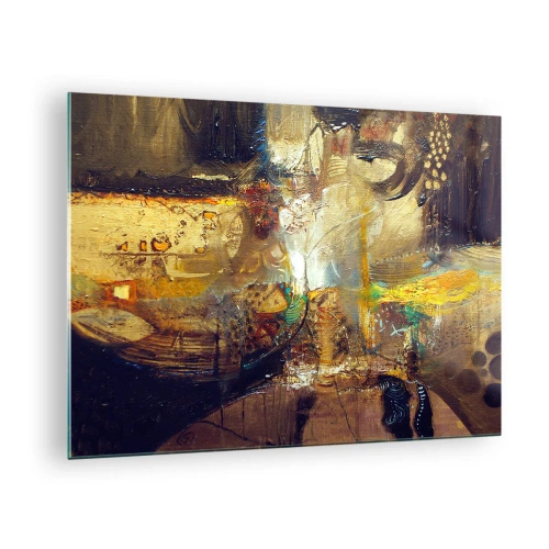 Quadro su vetro - Composizione astratta nei toni dell'oro e del marrone - 70x50cm - Freddo, più caldo, bollente - Decorazione murale moderna per soggiorno e camera da letto ARTTOR