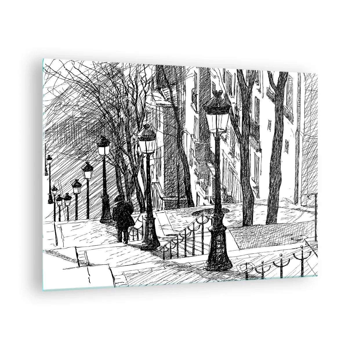 Quadro su vetro - Disegno in bianco e nero di una strada cittadina con lanterne - 70x50cm - Storia d'amore o racconto di paura? - Decorazione murale moderna per soggiorno e camera da letto ARTTOR