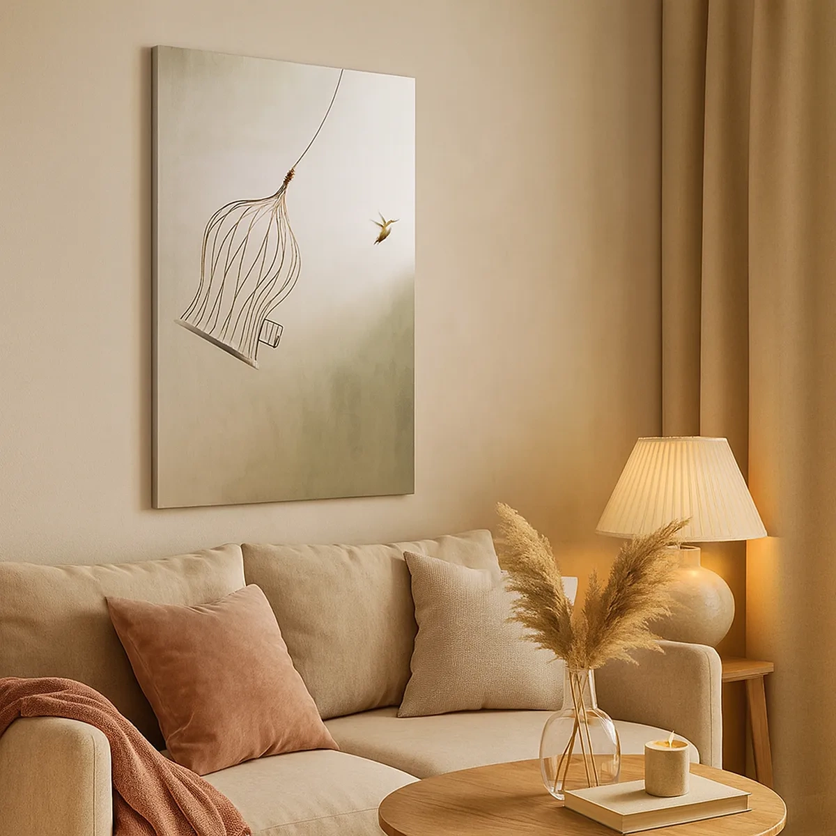 Quadro su tela - Stampe su Tela - Un uccello liberato da una gabbia sullo sfondo di un cielo luminoso - 50x70cm - Nel proprio elemento - Decorazione murale moderna per soggiorno e camera da letto ARTTOR