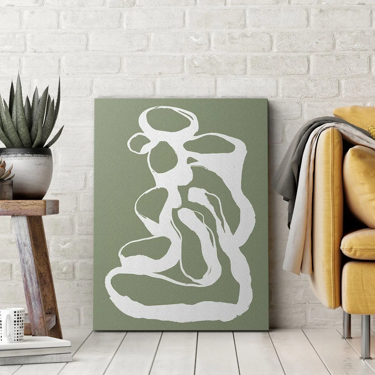 Quadro su tela - Stampe su Tela - Forme organiche in bianco su sfondo verde - 50x70cm - Il richiamo dello spazio - Decorazione murale moderna per soggiorno e camera da letto ARTTOR
