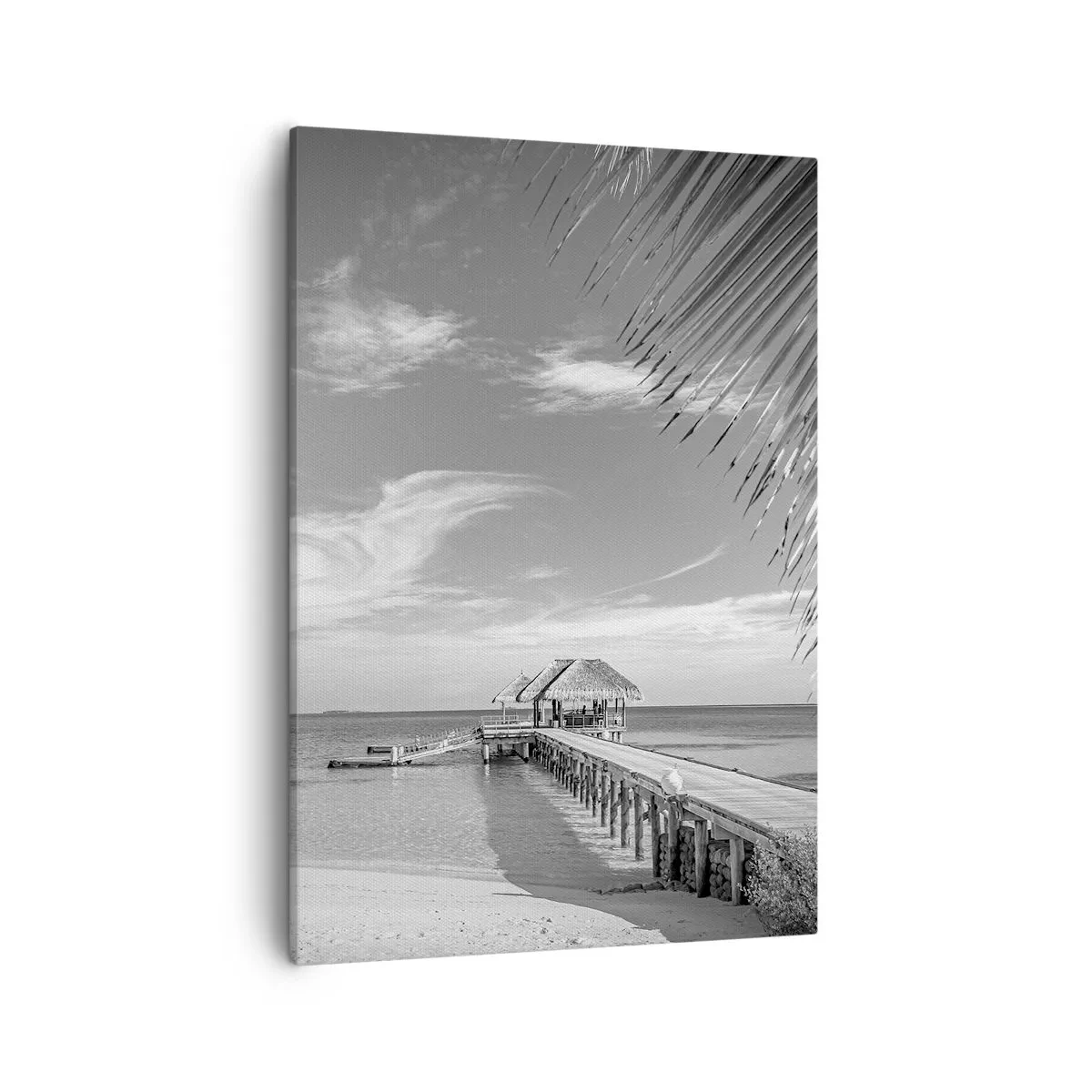 Quadro su tela - Stampe su Tela - Spiaggia bianca e nera con molo e palme su una costa tropicale - 50x70cm - Un ricordo o un sogno? - Decorazione murale moderna per soggiorno e camera da letto ARTTOR