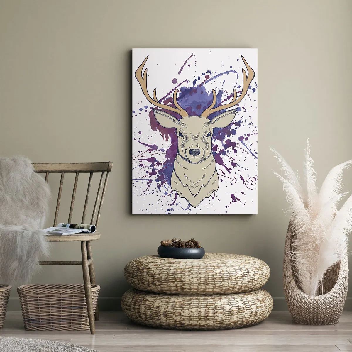 Quadro su tela - Stampe su Tela - Ritratto di un cervo con macchie astratte sullo sfondo - 50x70cm - Coraggio ed equilibrio - Decorazione murale moderna per soggiorno e camera da letto ARTTOR