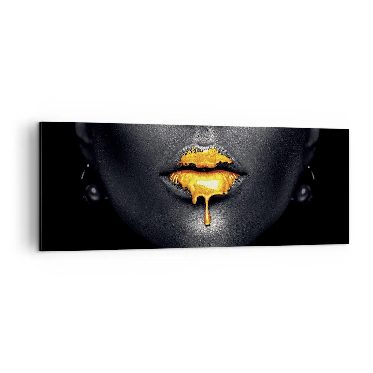 Quadro su tela - Stampe su Tela - Ritratto nero e oro di una donna con una goccia d'oro sulle labbra - 140x50cm - Boccadoro - Decorazione murale moderna per soggiorno e camera da letto ARTTOR