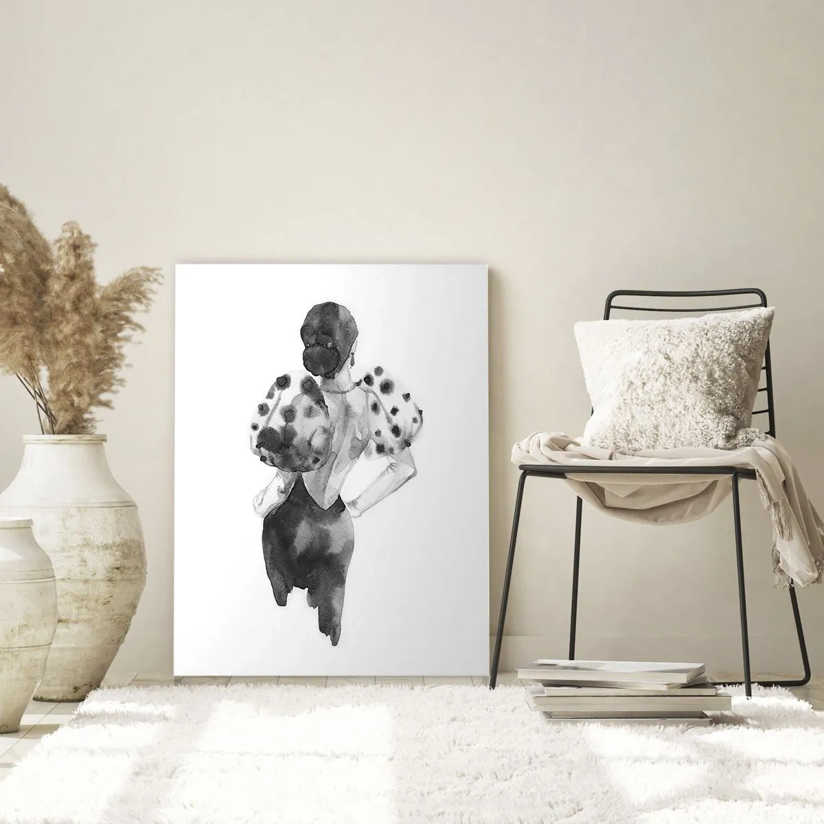 Quadro su vetro - Silhouette in bianco e nero di una donna in un abito elegante - 50x70cm - è passata accanto - Decorazione murale moderna per soggiorno e camera da letto ARTTOR